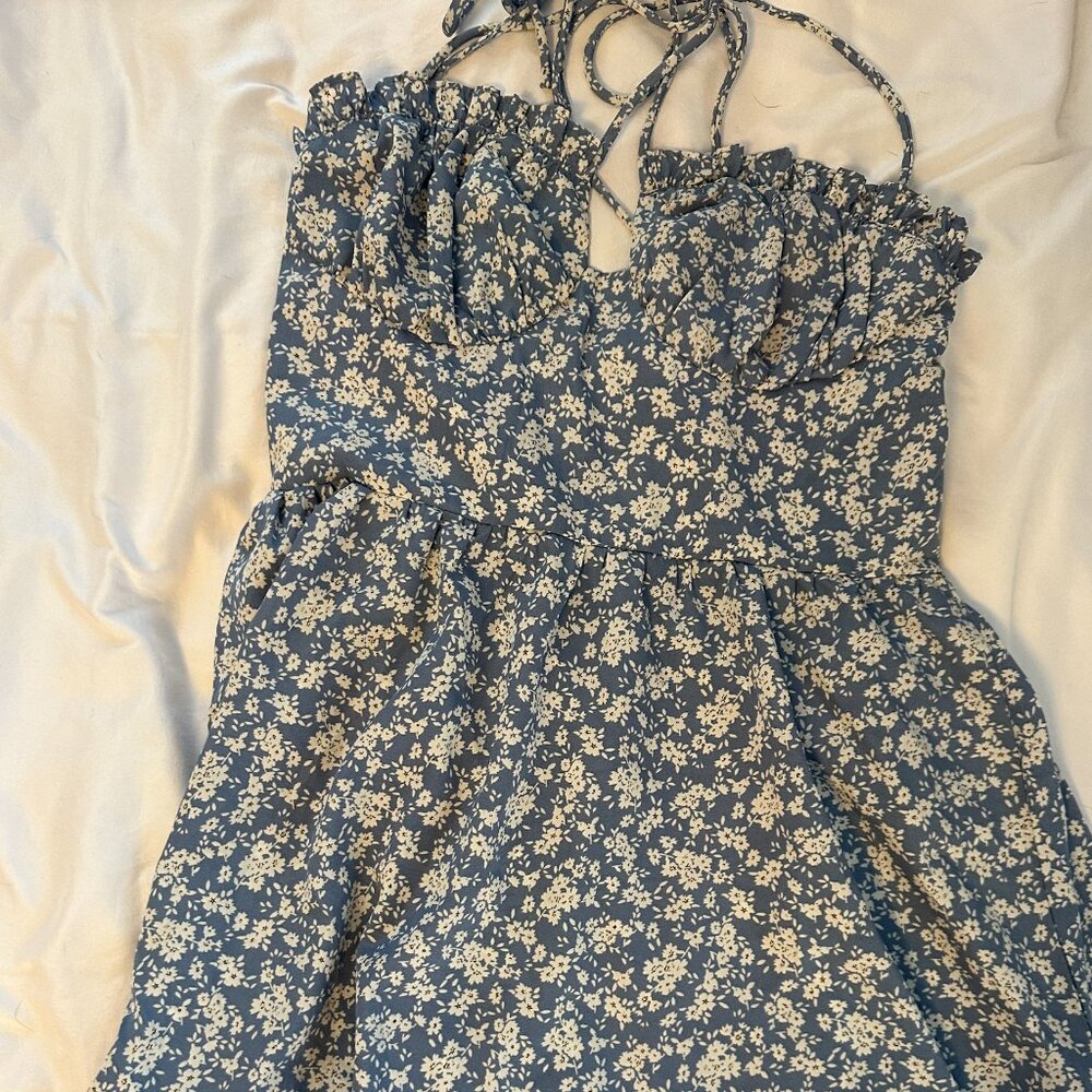 Cider | Blue Floral Ruffle-y Mini Dress | spaghetti straps | size S | NWT - Picture 2 of 7